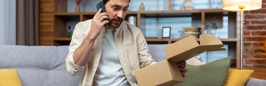 En missnöjd kund har öppnat en låda och sitter samtidigt med telefonen vid örat.