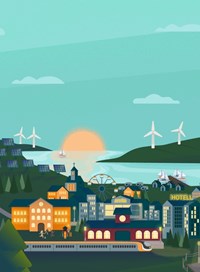Illustration över en upplyst stad med vatten och vindkraftverk i bakgrunden.