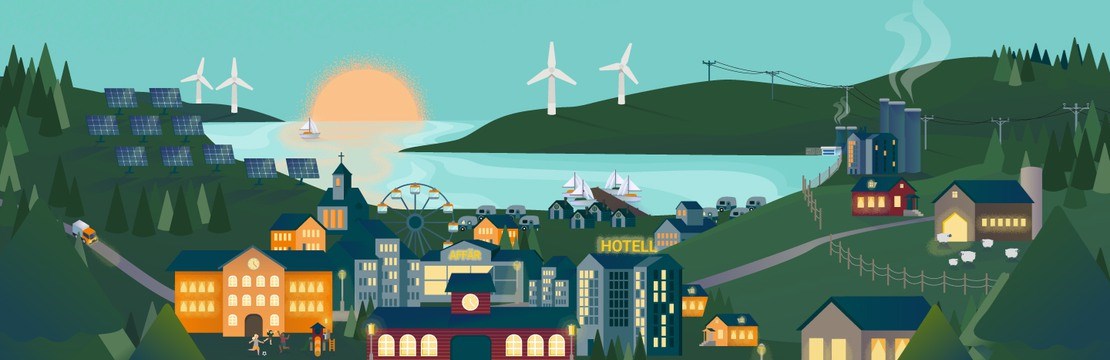Illustration över en upplyst stad med vatten och vindkraftverk i bakgrunden.