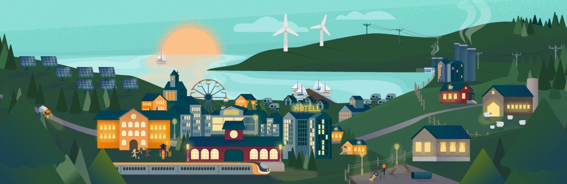 Illustration över stad med solpaneler och vindkraftverk i bakgrunden.