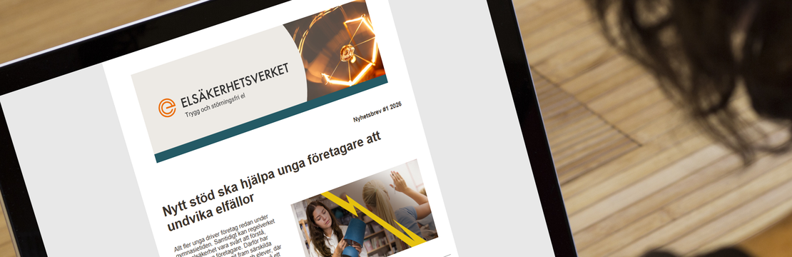 En kvinna som använder en bärbar dator med Elsäkerhetsverkets nyhetsbrev på skärmen.