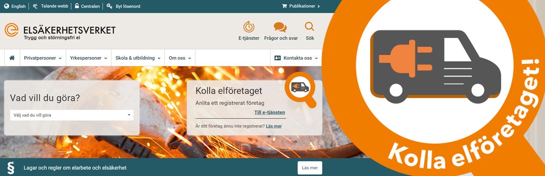Elsäkerhetsverkets webbplats startsida med e-tjänsten Koppla säkert.