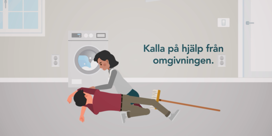 Illustration till film om Elolyckor med en man som ligger på golvet framför en tvättmaskin och en kvinna som hjälper.