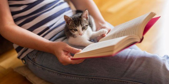 Ung tjej sitter med en bok och en katt i knät.