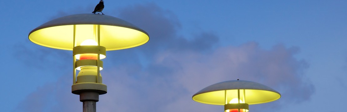 Gatubelysning med mörk himmel som bakgrund.