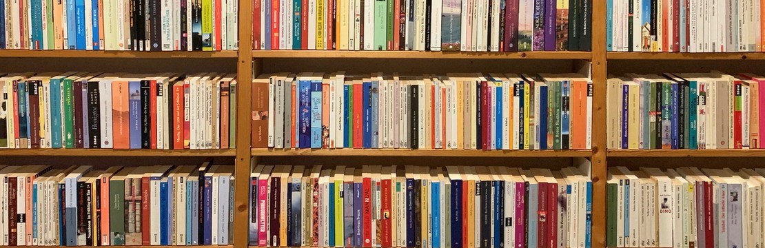 Bokhylla med böcker i ett bibliotek.