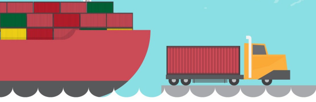 Illustration av ett fraktfartyg och en lastbil.