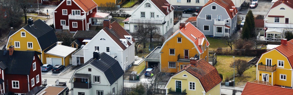 Orebro, Sweden - April 7, 2018: Aerial view of a neighborhood with single family houses constructed during the 1920s.