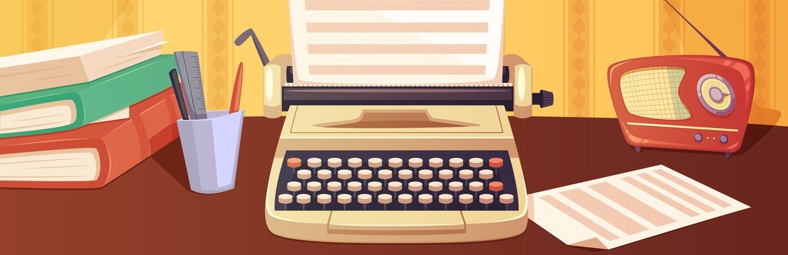 Illustration över ett skrivbord med en skrivmaskin på.