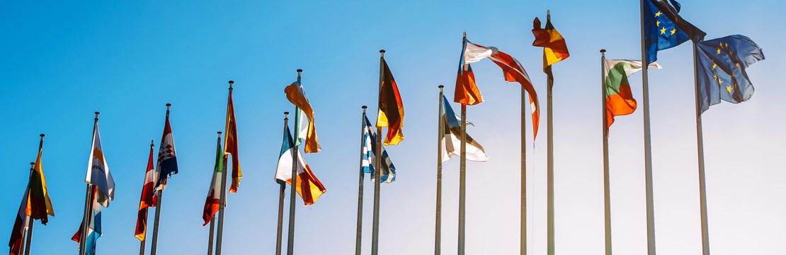 EU-flaggor mot blå himmel.