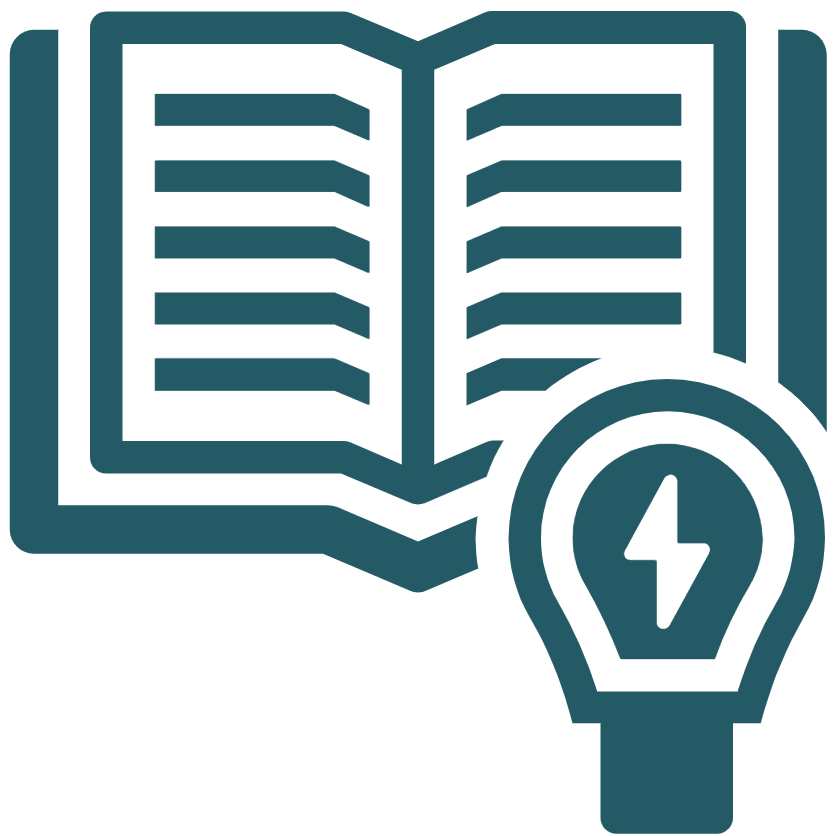 Tecknad symbol av en bok och en glödlampa.