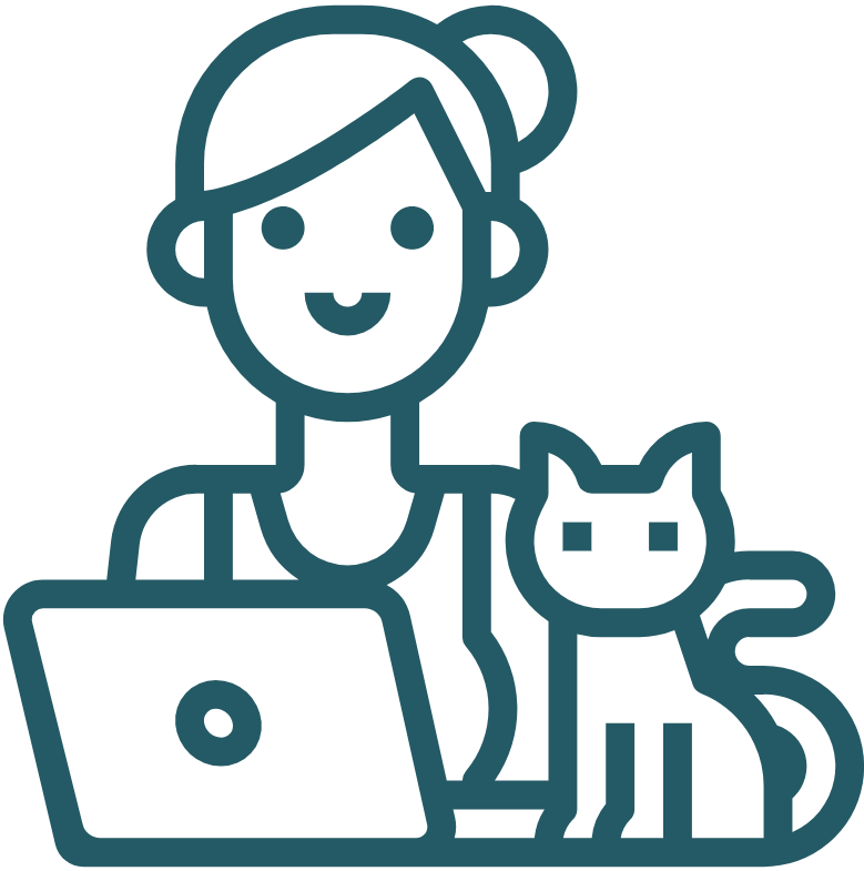 Tecknad symbol med kvinna och katt framför en laptop.