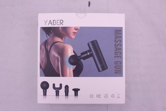 Vit förpackning med bild på svart massagepistol 