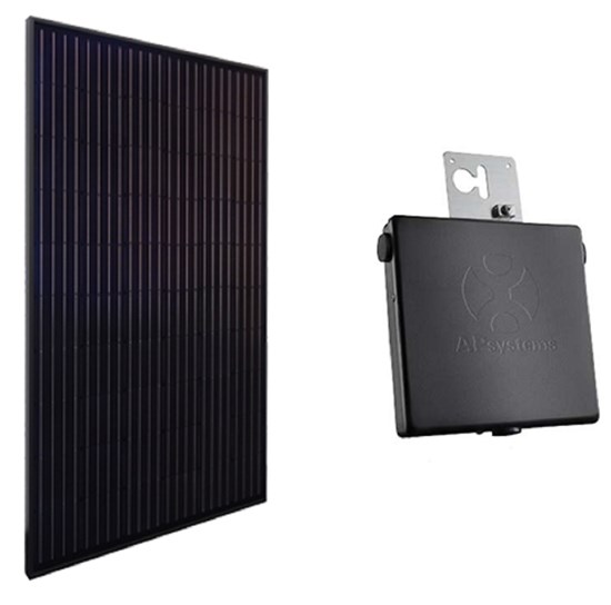 Svart avlång solcellspanel till vänster. Till höger en fyrkantig svart låda med en silverfärgad uppstickande överdel