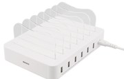 Vit rektangulär USB-laddare med 6 portar. Genomskinliga plastdetaljer för sladdar på ovansidan.