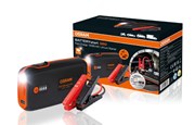 batteristartare osram i svart och orange med polklämmor plus samt minus. I bakgrunden Osram förpackning med beteckningen Battery start 360