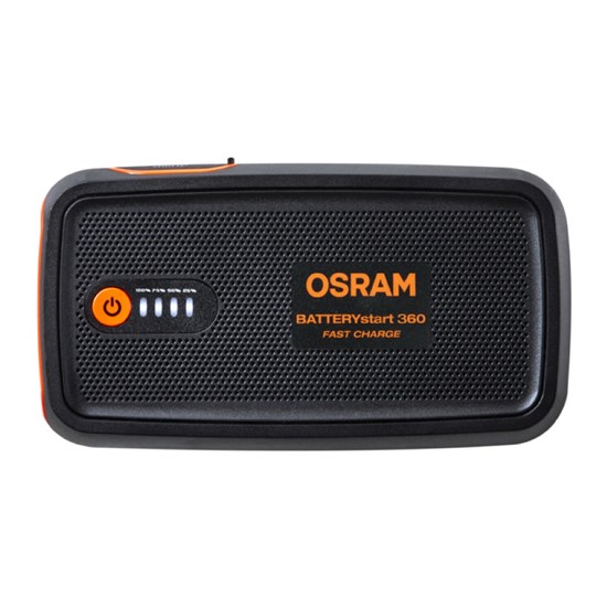 Ovansida av Osram battery start 360 visande onoff-knapp samt batterinivåmätare