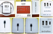 Vit reseadapter USB märke cirafon i förpackning.